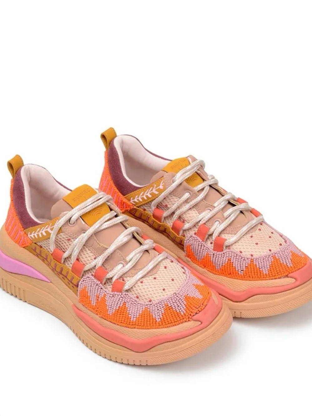 FARM RIO Knit Platform Beaded Sneakers in Tan, Pink & Orange